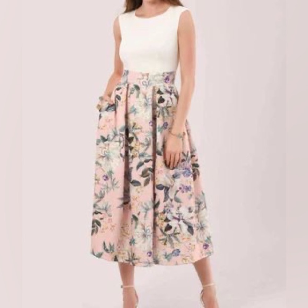 CLOSET LONDON GOLD PEACH FLORAL 2 IN 1 PLEATED DRESS Size UK 14/US 10